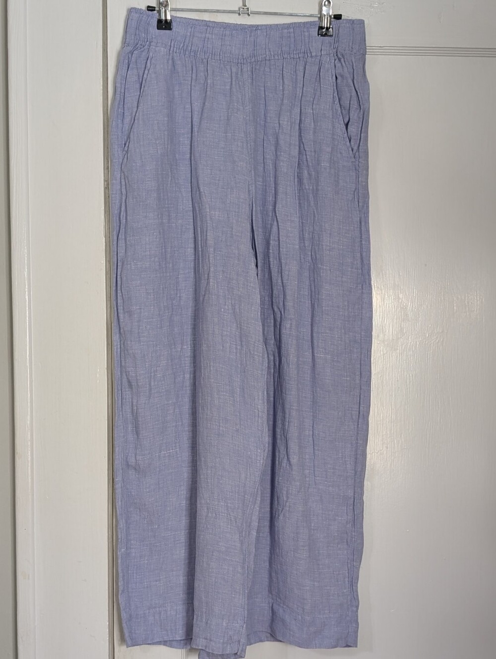 Tahari Women's Medium Blue Pull On Pants 100% Linen Wide Leg Coastal Lightweight